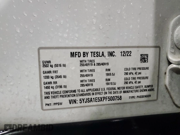 2023 Tesla Model S с VIN 5YJSA1E5XPF500758, выставлен на аукционе Copart как лот 51654685 с пробегом 25 390 миль миль и Списание • Salvage title. История ставок и продаж доступна на DreamBid. Изображение 14.
