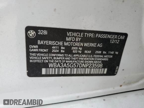 2013 BMW 3 Series 328i with VIN WBA3A5G57DNP23598, listed as a Copart auction lot 55677165 with 217,977 mi miles and Clean Title. Bid and sale history available at DreamBid. Image 12.