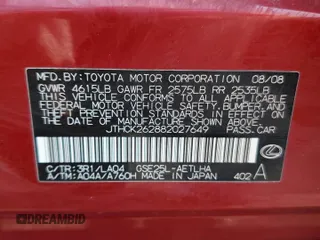 2008 Lexus IS 250 with VIN JTHCK262882027649, listed as a Copart auction lot 60281105 with 160,383 mi miles and Salvage title. Bid and sale history available at DreamBid. Image 12.