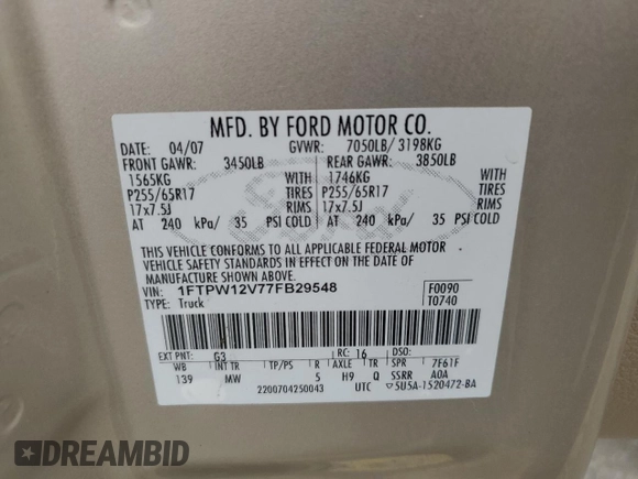 2007 Ford F-150 XLT with VIN 1FTPW12V77FB29548, listed as a Copart auction lot 64403275 with 169,972 mi miles and Salvage title. Bid and sale history available at DreamBid. Image 12.