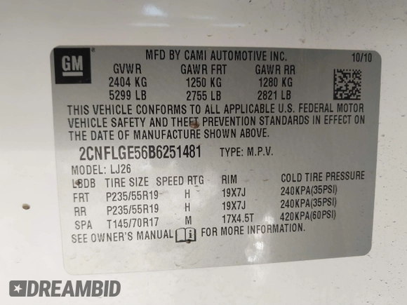 2011 Chevrolet Equinox LTZ with VIN 2CNFLGE56B6251481, listed as a IAAI auction lot 41671694 with 143,814 mi miles. Bid and sale history available at carsss.com. Image 9.