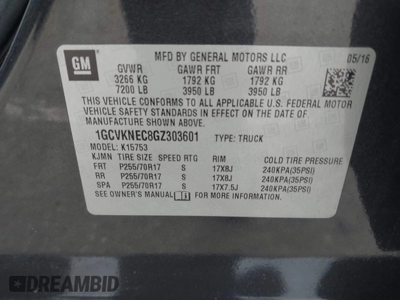 2016 Chevrolet Silverado 1500 Work Truck with VIN 1GCVKNEC8GZ303601, listed as a IAAI auction lot 41913390 with 222,939 mi miles and . Bid and sale history available at DreamBid. Image 9.