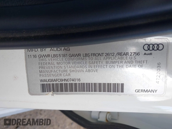 2017 Audi A6 Premium Plus with VIN WAUG8AFC6HN074016, listed as a IAAI auction lot 40417161 with 126,388 mi miles. Bid and sale history available at carsss.com. Image 9.