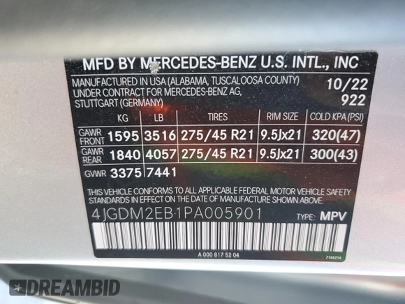 2023 Mercedes-Benz EQS with VIN 4JGDM2EB1PA005901, listed as a Copart auction lot 72763284 with 0 mi miles and Salvage Title. Bid and sale history available at carsss.com. Image 13.