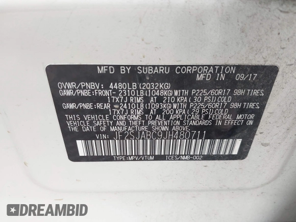 2018 Subaru Forester with VIN JF2SJABC9JH480711, listed as a IAAI auction lot 42540064 with 114,272 mi miles and . Bid and sale history available at DreamBid. Image 9.