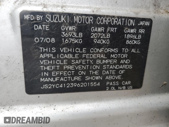 2009 Suzuki SX4 Man FWD with VIN JS2YC412396201554, listed as a Copart auction lot 72902194 with 135,355 mi miles and Salvage Title. Bid and sale history available at carsss.com. Image 12.