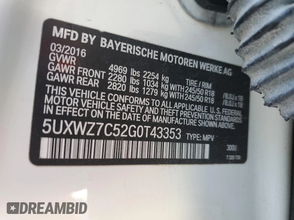 2016 BMW X3 sDrive28i with VIN 5UXWZ7C52G0T43353, listed as a Copart auction lot 88943345 with 98,696 mi miles and Salvage Title. Bid and sale history available at DreamBid. Image 15.