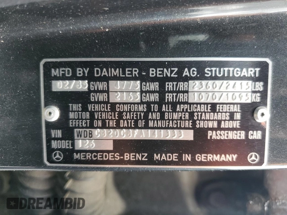 1985 Mercedes-Benz 300 with VIN WDBCB20C8FA141333, listed as a Copart auction lot 51154565 with 123,377 mi miles and Clean Title. Bid and sale history available at DreamBid. Image 12.