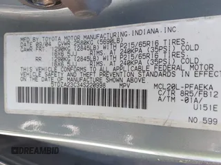 2004 Toyota Sienna CE with VIN 5TDZA23C34S220998, listed as a IAAI auction lot 42176299 with 345,935 mi miles and . Bid and sale history available at DreamBid. Image 9.