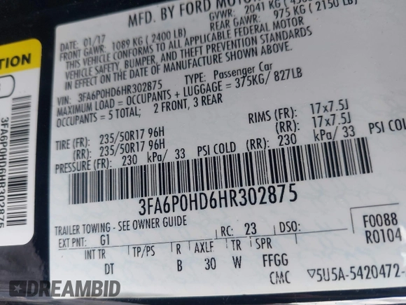 2017 Ford Fusion SE with VIN 3FA6P0HD6HR302875, listed as a IAAI auction lot 42105022 with 105,437 mi miles and . Bid and sale history available at DreamBid. Image 9.