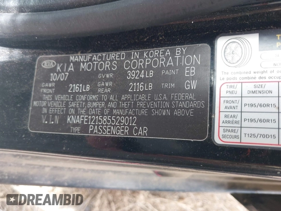 2008 Kia Spectra EX z VIN KNAFE121585529012, wystawiony jako IAAI lot #42120494 z przebiegiem Nie podano mil oraz . Historia ofert i sprzedaży dostępna na DreamBid. Obrazek 9.