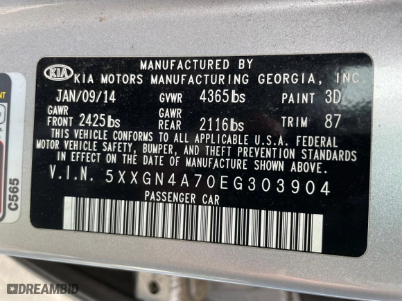 2014 Kia Optima EX with VIN 5XXGN4A70EG303904, listed as a Copart auction lot 51712855 with 1 mi miles and Clean Title. Bid and sale history available at carsss.com. Image 10.