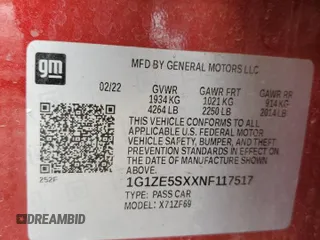 2022 Chevrolet Malibu Premier with VIN 1G1ZE5SXXNF117517, listed as a Copart auction lot 50658805 with 45,676 mi miles and Salvage Title. Bid and sale history available at DreamBid. Image 13.