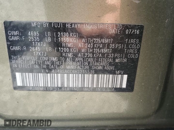 2017 Subaru Outback Premium z VIN 4S4BSACC6H3215516, wystawiony jako Copart lot #63211625 z przebiegiem 86 280 mil mil oraz Szkoda całkowita • Salvage title. Historia ofert i sprzedaży dostępna na DreamBid. Obrazek 13.