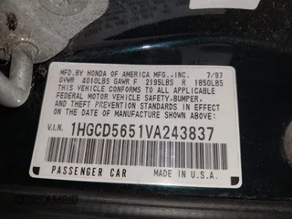 1997 Honda Accord EX с VIN 1HGCD5651VA243837, выставлен на аукционе IAAI как лот 42497303 с пробегом 292 510 миль миль и . История ставок и продаж доступна на DreamBid. Изображение 9.