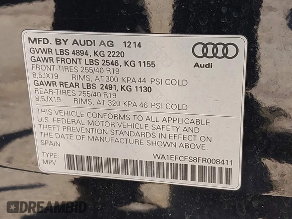 2015 Audi Q3 Premium Plus z VIN WA1EFCFS8FR008411, wystawiony jako IAAI lot #42000959 z przebiegiem 54 840 mil mil oraz . Historia ofert i sprzedaży dostępna na DreamBid. Obrazek 9.