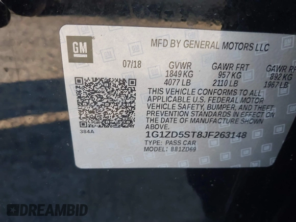 2018 Chevrolet Malibu LT with VIN 1G1ZD5ST8JF263148, listed as a IAAI auction lot 41821276 with 160,562 mi miles and . Bid and sale history available at carsss.com. Image 9.