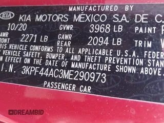 2021 Kia Forte GT with VIN 3KPF44AC3ME290973, listed as a IAAI auction lot 41656770 with 26,999 mi miles. Bid and sale history available at carsss.com. Image 9.