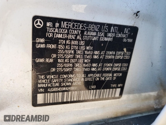 1998 Mercedes-Benz M 320/430/500 с VIN 4JGAB54E6WA048800, выставлен на аукционе Copart как лот 47688105 с пробегом 205 335 миль миль и Чистый • Clean title. История ставок и продаж доступна на DreamBid. Изображение 12.