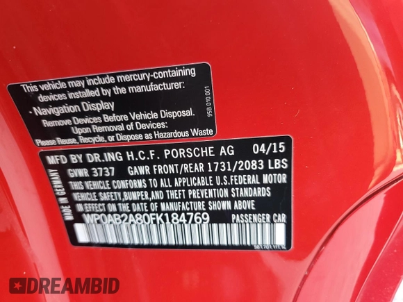 2015 Porsche Cayman S with VIN WP0AB2A80FK184769, listed as a Copart auction lot 77851604 with Not Provided miles and Salvage Title. Bid and sale history available at DreamBid. Image 13.