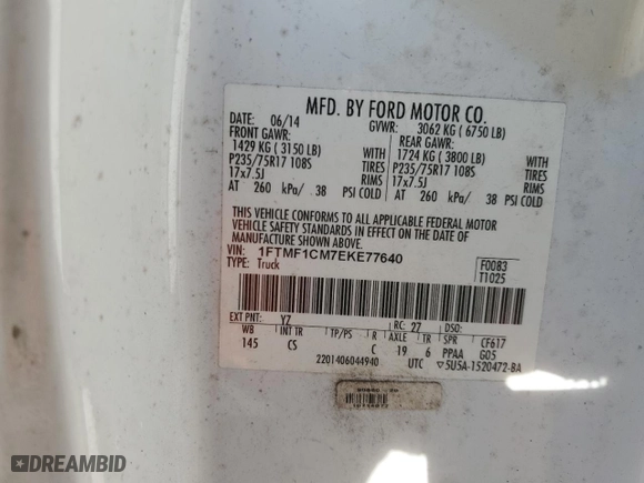 2014 Ford F-150 XL with VIN 1FTMF1CM7EKE77640, listed as a Copart auction lot 49210625 with 182,785 mi miles and Salvage Title. Bid and sale history available at carsss.com. Image 12.