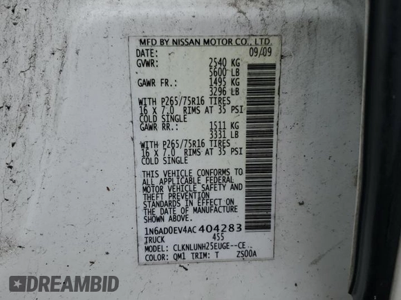 2010 Nissan Frontier Pro-4X with VIN 1N6AD0EV4AC404283, listed as a Copart auction lot 51495325 with 255,114 mi miles and Non repairable. Bid and sale history available at DreamBid. Image 14.