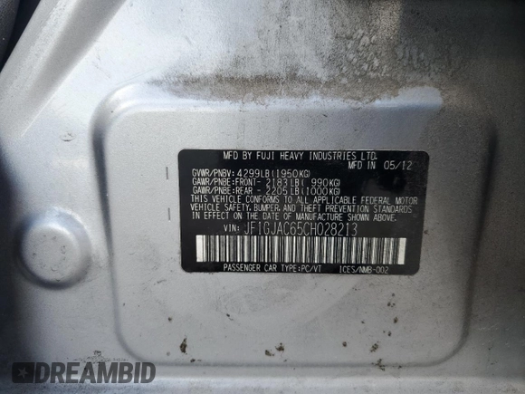 2012 Subaru Impreza Premium z VIN JF1GJAC65CH028213, wystawiony jako Copart lot #57034885 z przebiegiem Nie podano mil oraz Szkoda całkowita • Salvage title. Historia ofert i sprzedaży dostępna na DreamBid. Obrazek 13.