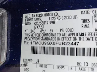 2015 Ford Escape SE z VIN 1FMCU9GX0FUB23447, wystawiony jako IAAI lot #42219379 z przebiegiem 113 274 mil mil oraz . Historia ofert i sprzedaży dostępna na DreamBid. Obrazek 9.