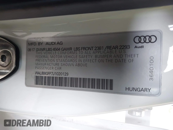 2018 Audi A3 Sedan Premium with VIN WAUB8GFF7J1020129, listed as a IAAI auction lot 41933899 with 69,654 mi miles. Bid and sale history available at carsss.com. Image 9.