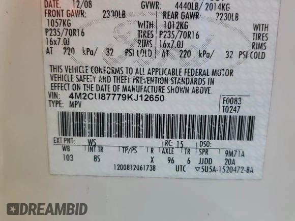 2009 Mercury Mariner Premier z VIN 4M2CU87779KJ12650, wystawiony jako Copart lot #52595645 z przebiegiem 225 939 mil mil oraz Szkoda całkowita • Salvage title. Historia ofert i sprzedaży dostępna na DreamBid. Obrazek 13.