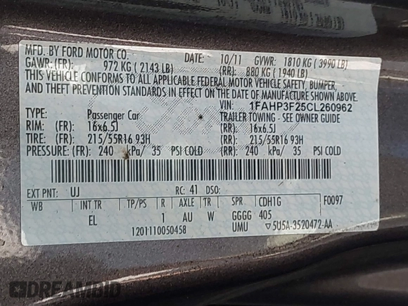 2012 Ford Focus SE with VIN 1FAHP3F25CL260962, listed as a IAAI auction lot 42588485 with 143,679 mi miles and . Bid and sale history available at DreamBid. Image 9.