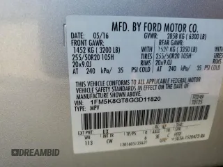 2016 Ford Explorer Sport with VIN 1FM5K8GT8GGD11820, listed as a Copart auction lot 61408305 with 178,884 mi miles and Salvage title. Bid and sale history available at DreamBid. Image 13.