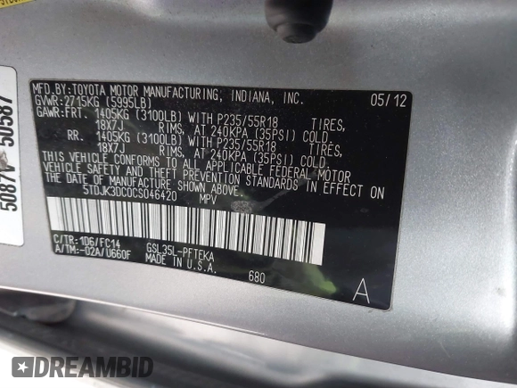 2012 Toyota Sienna LE with VIN 5TDJK3DC0CS046420, listed as a IAAI auction lot 41626308 with 108,517 mi miles. Bid and sale history available at carsss.com. Image 9.