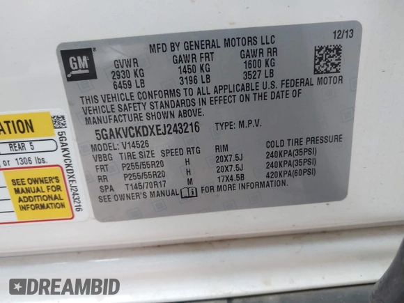 2014 Buick Enclave Premium with VIN 5GAKVCKDXEJ243216, listed as a IAAI auction lot 41709325 with 76,319 mi miles and . Bid and sale history available at DreamBid. Image 9.