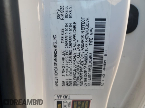2020 Acura RDX w/Technology Pkg with VIN 5J8TC1H52LL002993, listed as a Copart auction lot 57071644 with 97,277 mi miles and Salvage Title. Bid and sale history available at carsss.com. Image 14.