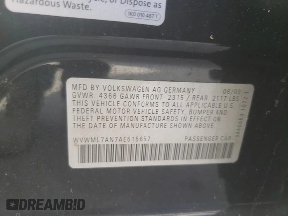 2010 Volkswagen CC Sport with VIN WVWML7AN7AE515657, listed as a Copart auction lot 78471864 with 117,331 mi miles and Salvage Title. Bid and sale history available at DreamBid. Image 12.