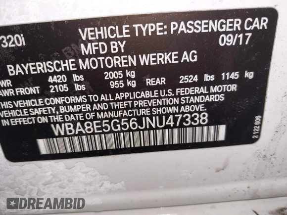 2018 BMW 3 Series 320i xDrive with VIN WBA8E5G56JNU47338, listed as a IAAI auction lot 41238204 with 54,596 mi miles. Bid and sale history available at carsss.com. Image 9.