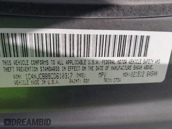 2012 Jeep Compass Sport with VIN 1C4NJCBB9CD610317, listed as a IAAI auction lot 42049138 with 127,616 mi miles and . Bid and sale history available at carsss.com. Image 9.