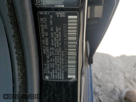 2002 BMW 3 Series 330i with VIN WBAEV53472KM01777, listed as a Copart auction lot 70984764 with 105,293 mi miles and Salvage Title. Bid and sale history available at carsss.com. Image 13.