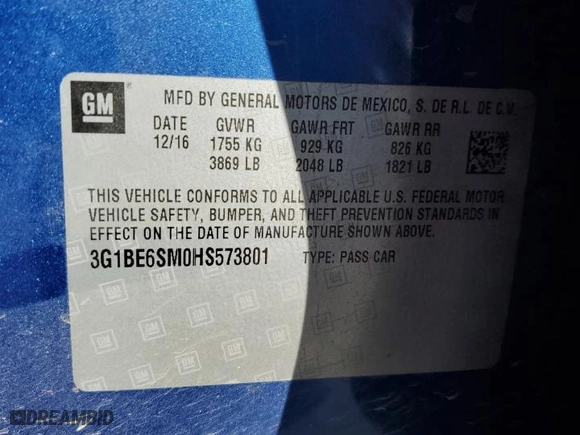 2017 Chevrolet Cruze LT with VIN 3G1BE6SM0HS573801, listed as a Copart auction lot 76269394 with 66,616 mi miles and Salvage Title. Bid and sale history available at carsss.com. Image 14.