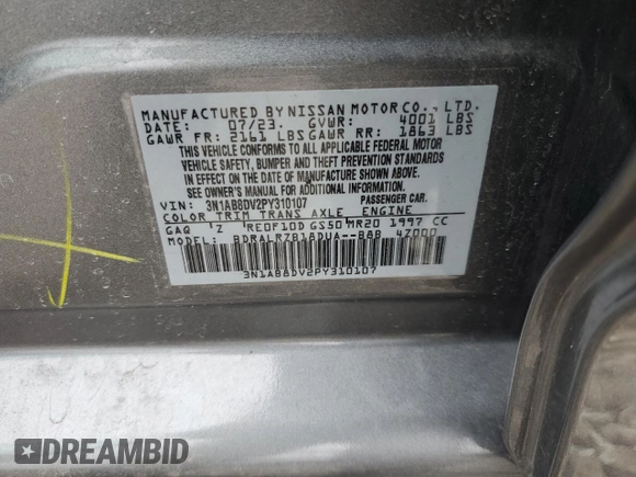 2023 Nissan Sentra SR with VIN 3N1AB8DV2PY310107, listed as a Copart auction lot 51299085 with 9,600 mi miles and Salvage Title. Bid and sale history available at carsss.com. Image 12.
