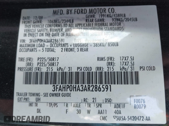 2010 Ford Fusion SE with VIN 3FAHP0HA3AR286591, listed as a IAAI auction lot 40957478 with 1 mi miles. Bid and sale history available at carsss.com. Image 9.