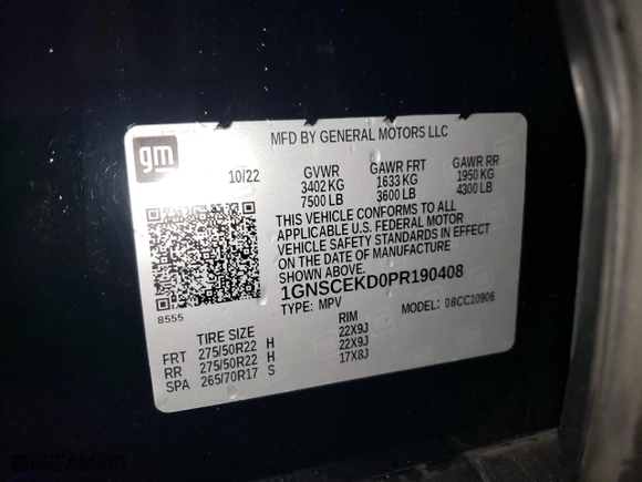 2023 Chevrolet Suburban RST with VIN 1GNSCEKD0PR190408, listed as a Copart auction lot 47892105 with 73,200 mi miles and Salvage Title. Bid and sale history available at carsss.com. Image 13.