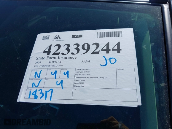 2024 Toyota RAV4 Hybrid LE with VIN JTMMWRFV0RD248035, listed as a IAAI auction lot 42339244 with 18,317 mi miles and . Bid and sale history available at DreamBid. Image 18.