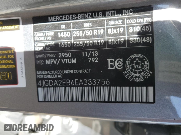 2014 Mercedes-Benz M 350 with VIN 4JGDA2EB6EA333756, listed as a Copart auction lot 55463035 with 246,819 mi miles and Salvage Title. Bid and sale history available at DreamBid. Image 14.
