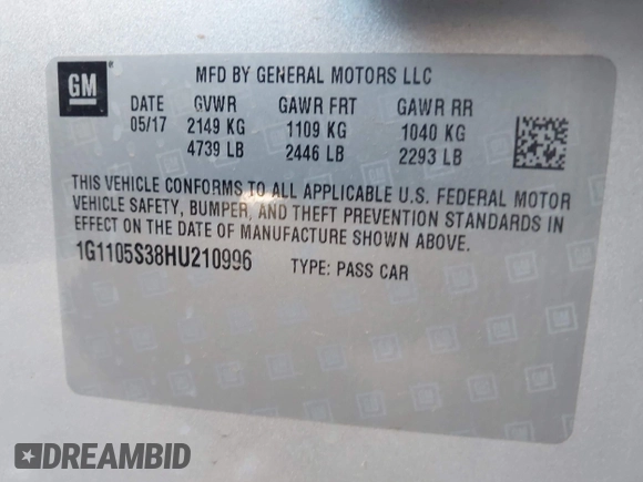 2017 Chevrolet Impala LT with VIN 1G1105S38HU210996, listed as a IAAI auction lot 42294290 with 96,250 mi miles and . Bid and sale history available at DreamBid. Image 9.