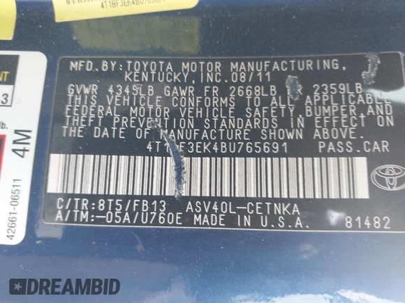2011 Toyota Camry LE with VIN 4T1BF3EK4BU765691, listed as a IAAI auction lot 41575939 with 164,829 mi miles. Bid and sale history available at carsss.com. Image 9.