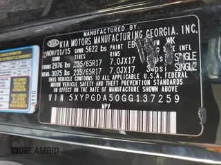 2016 Kia Sorento LX with VIN 5XYPGDA50GG137259, listed as a Copart auction lot 51826815 with Not Provided miles and Clean Title. Bid and sale history available at DreamBid. Image 13.