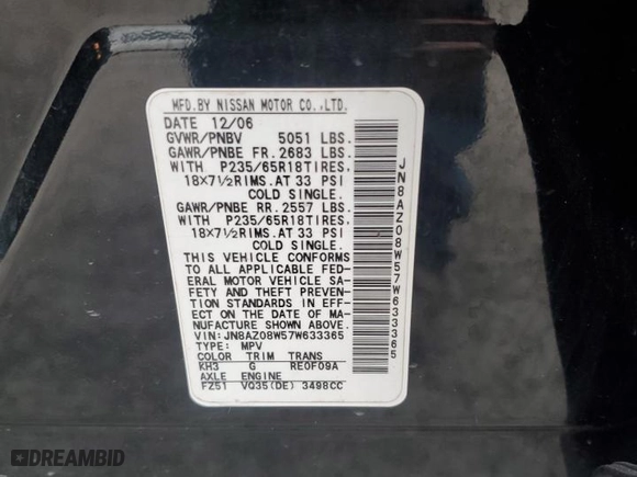 2007 Nissan Murano SL with VIN JN8AZ08W57W633365, listed as a Copart auction lot 49700475 with 135,504 mi miles and Salvage Title. Bid and sale history available at carsss.com. Image 13.