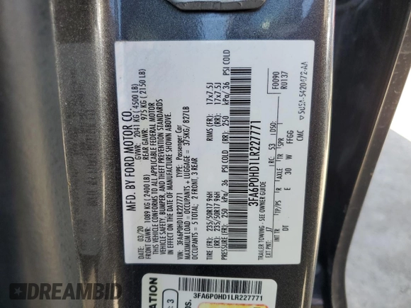 2020 Ford Fusion SE with VIN 3FA6P0HD1LR227771, listed as a Copart auction lot 65588195 with 78,925 mi miles and Salvage title. Bid and sale history available at DreamBid. Image 12.
